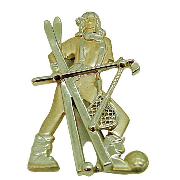 Vintage AJC Womens Golden Girl Tennis Soccer Golf Ski Hockey Brooch Pin 1.5X2.5" - Picture 1 of 10